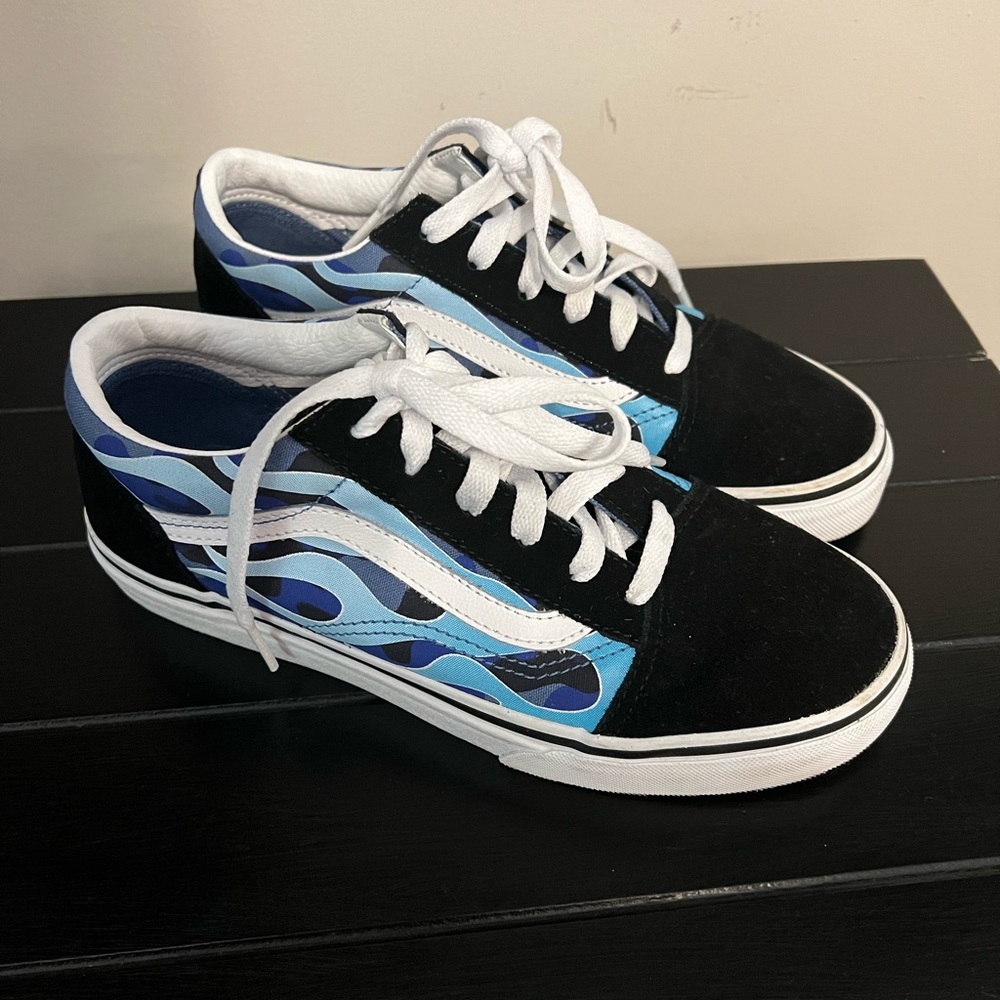 COPY - Black laced Vans with blue flames NEW youth sz 5